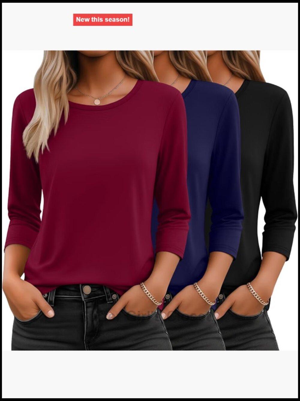 3 Pack 3/4 Sleeve Crewneck T-Shirts for Women Loose Fit Basics